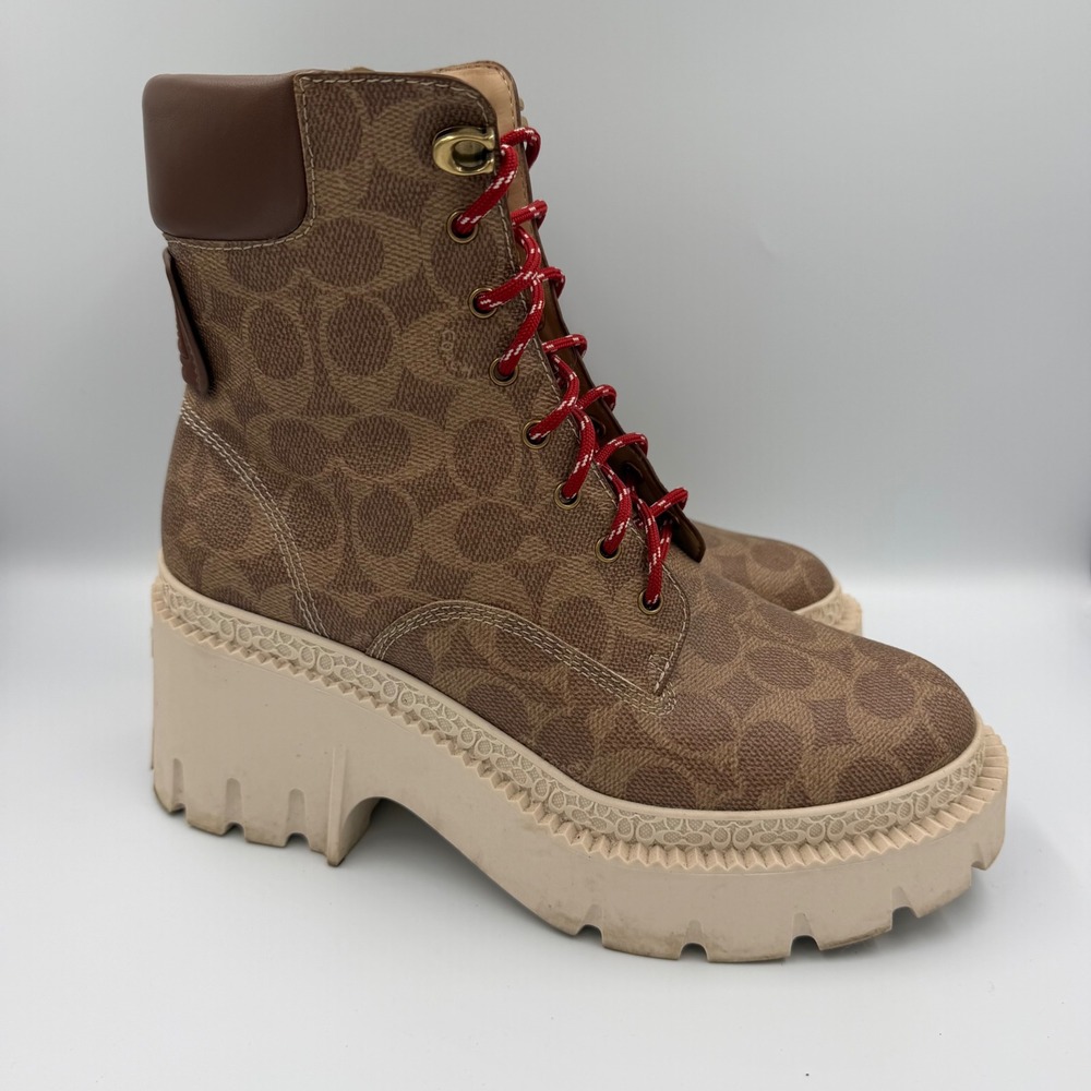 Coach Womens Platform Combat Boots CD216 Signature Canvas Lug Sole Size 9 Brown